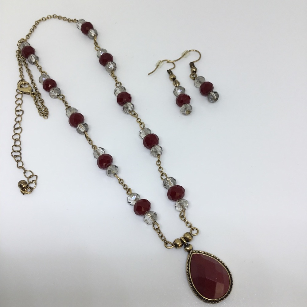 Beaded Necklace & Earrings Set w/Gold-tone Metal Accents, Red w/Crystal Pearls